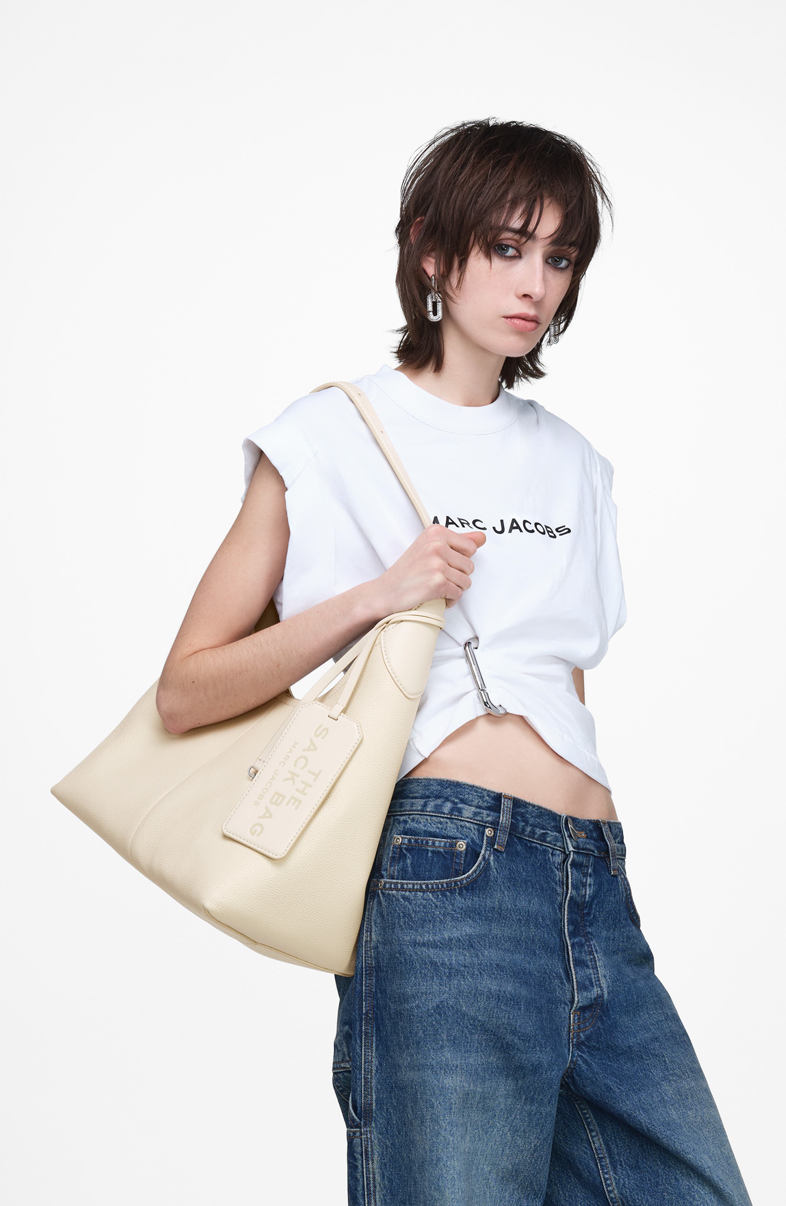 The Belted Sack Leather Shoulder Bag, Alternate, color, CLOUD WHITE