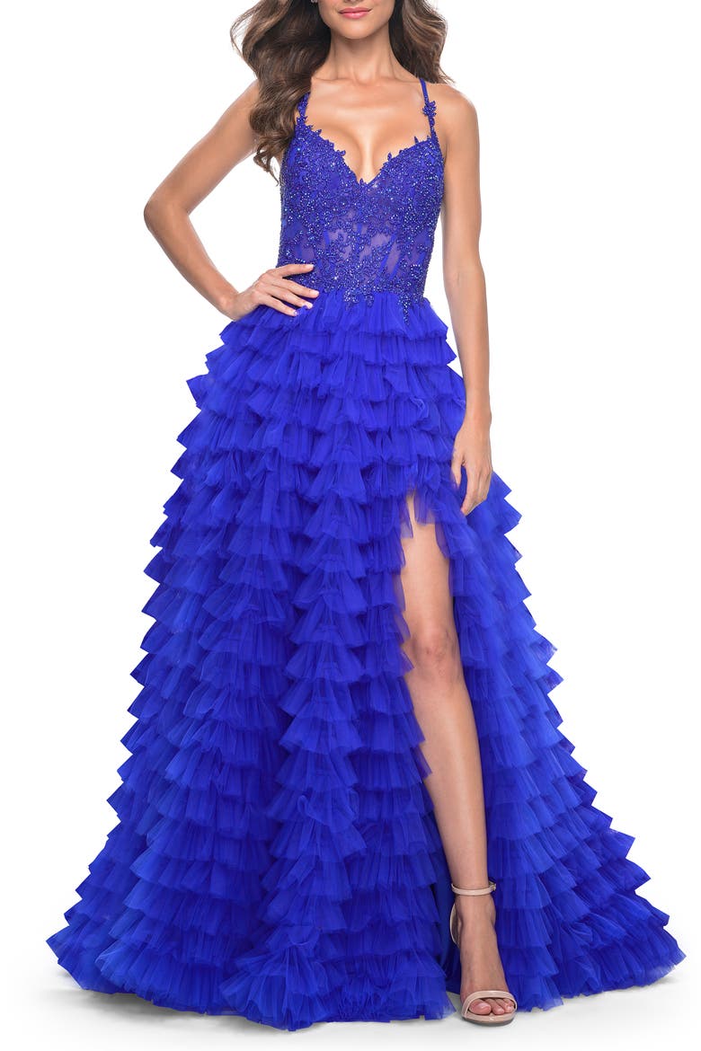 Ruffle Tulle Gown with Illusion Lace Bodice, Alternate, color, Royal Blue