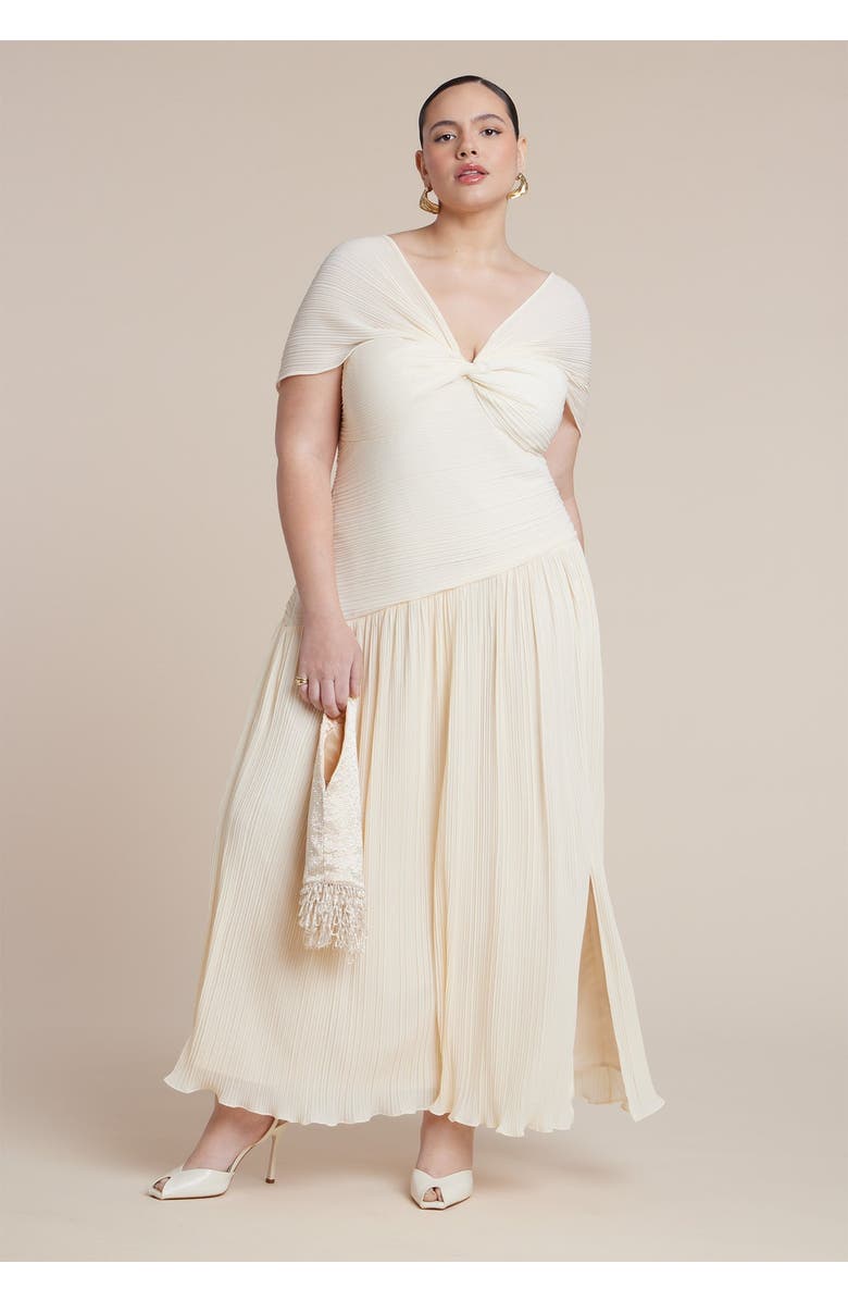 ELOQUII Twist Detail Pleated Chiffon Dress, Main, color, Coconut Milk