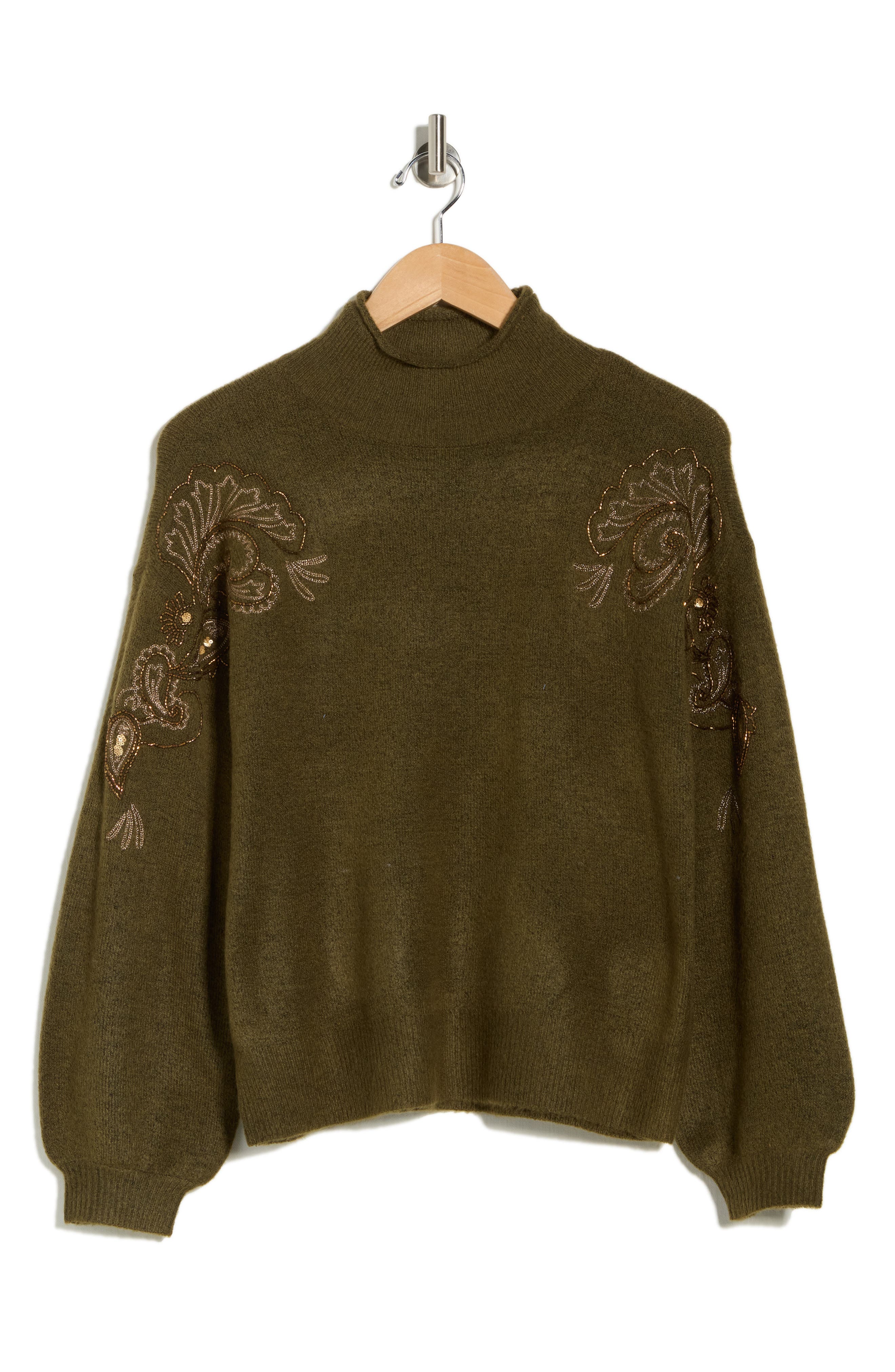 Democracy Paisley Beaded Mock Neck Sweater