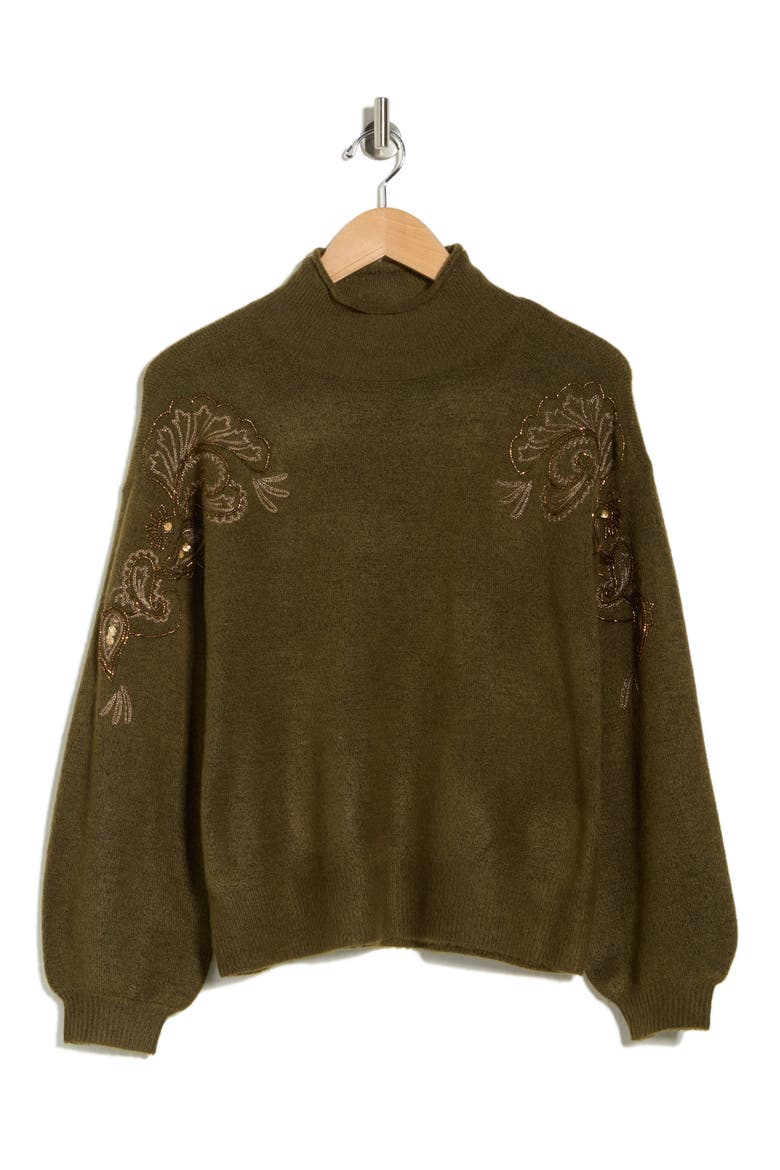 Paisley Beaded Mock Neck Sweater, Alternate, color, NORI GREEN/ MATTE GOLD