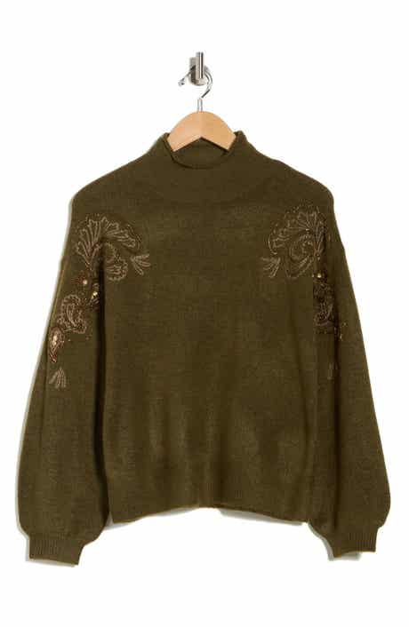 Democracy Paisley Beaded Mock Neck Sweater