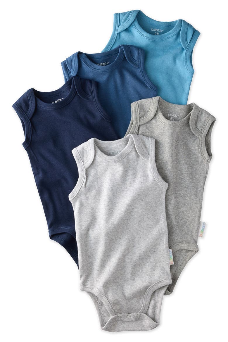 Sam Assorted 5-Pack Sleeveless Organic Cotton Bodysuits, Main, color, BLUE