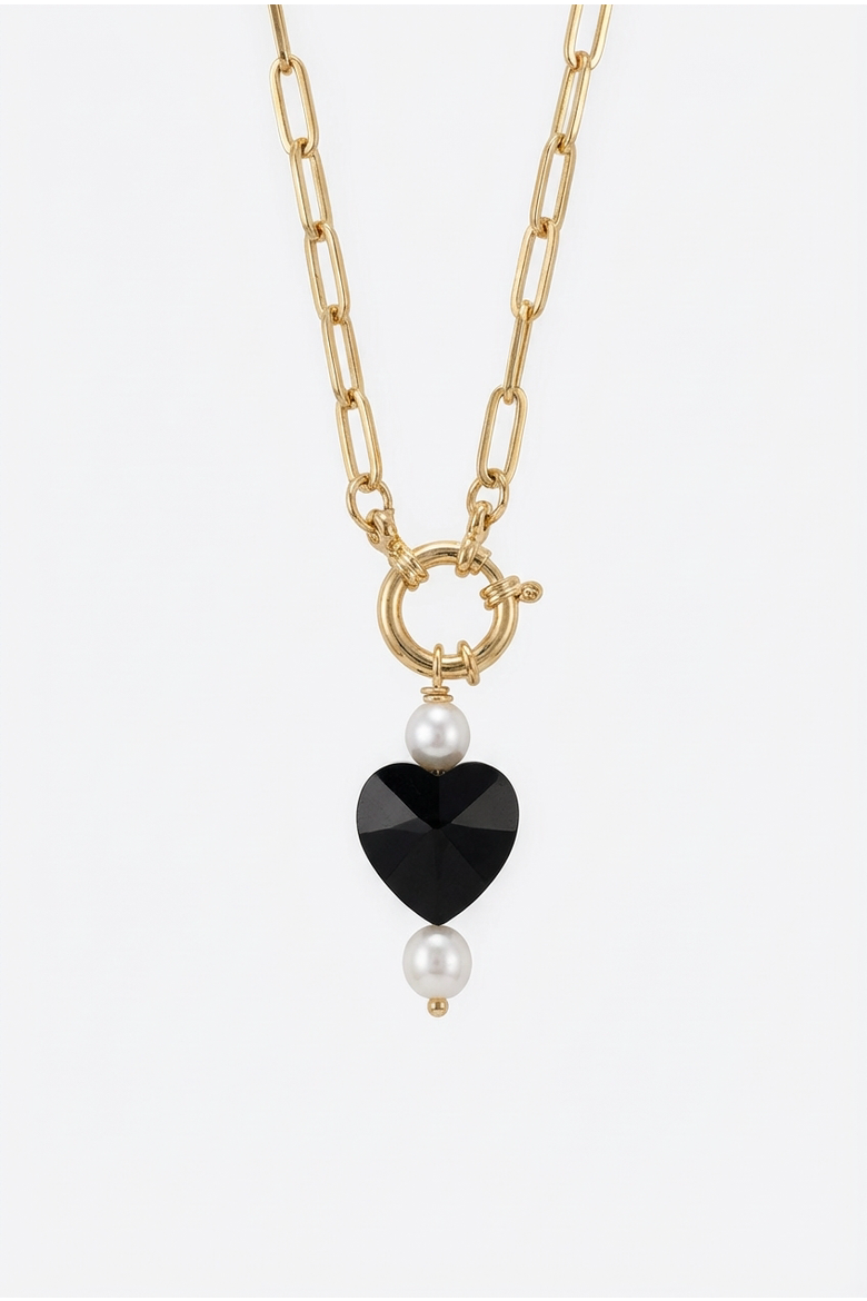 Paperclip Chain Necklace with Black Heart Pendant, Alternate, color, Metallic Gold