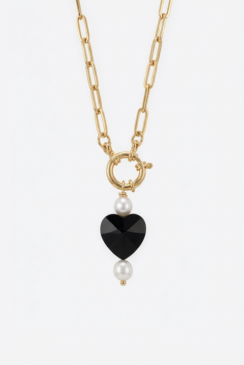Paperclip Chain Necklace with Black Heart Pendant