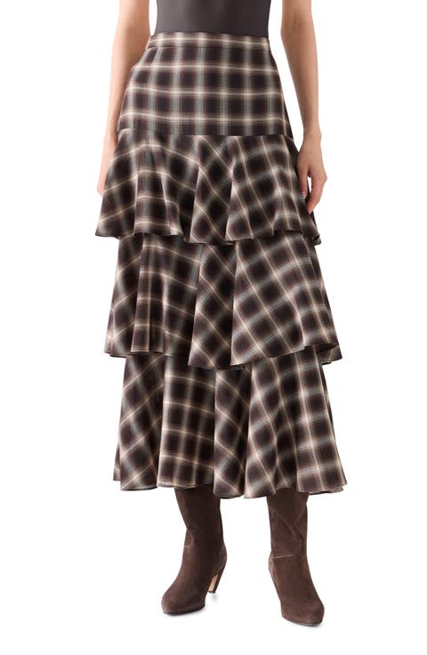 Plaid Ruffle Tier Midi Skirt