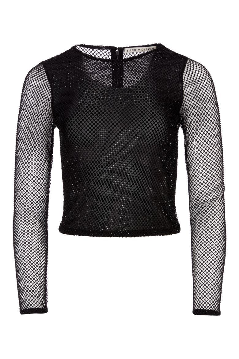 Delaina Mesh & Bead Embellished Long Sleeve Crop Top, Alternate, color, BLACK