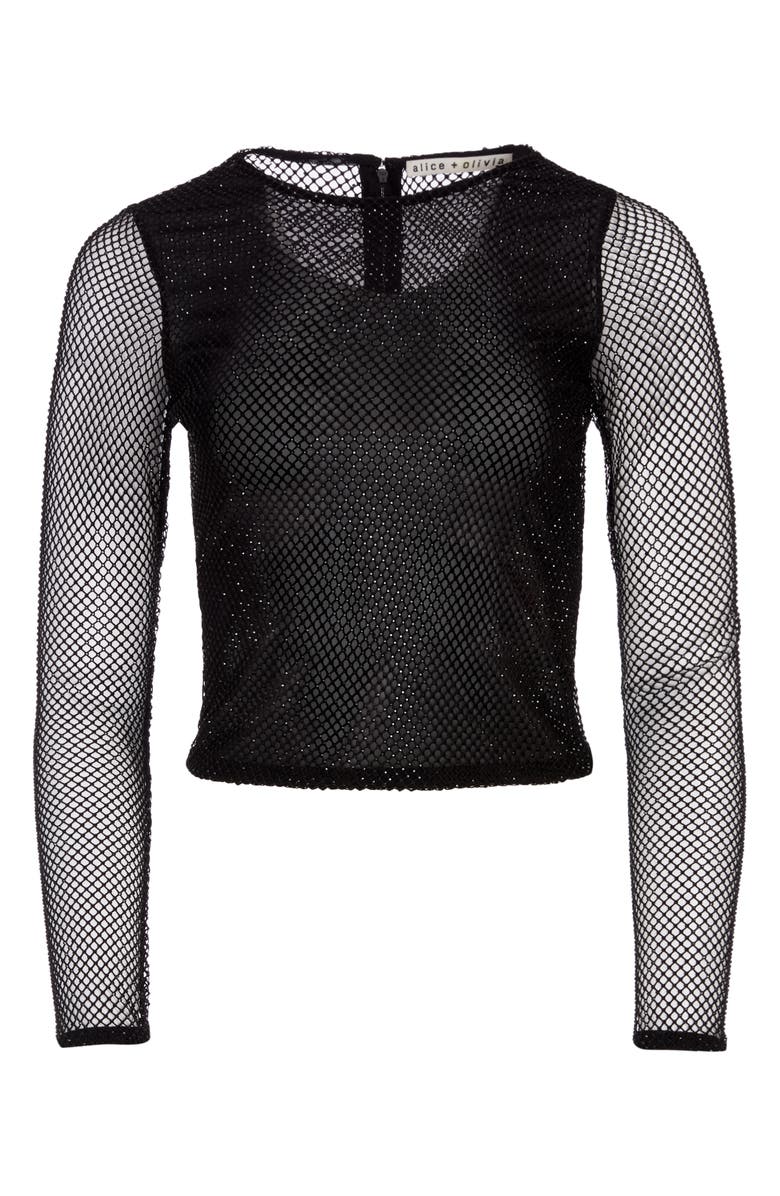 Alice + Olivia Delaina Mesh & Bead Embellished Long Sleeve Crop Top, Alternate, color, 