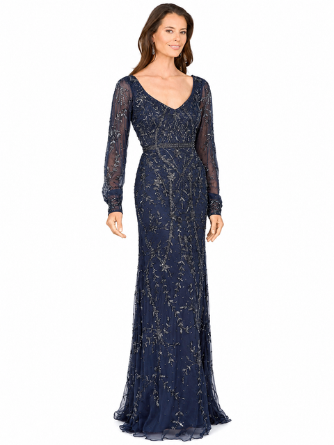V-Neck Beaded Gown with Sleeves