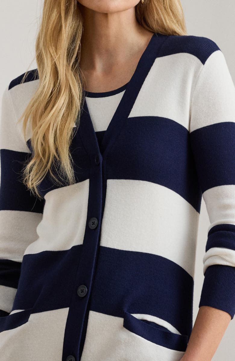 Lauren Ralph Lauren Stripe Longline Cotton Blend Cardigan, Alternate, color, Refined Navy Blue/ White