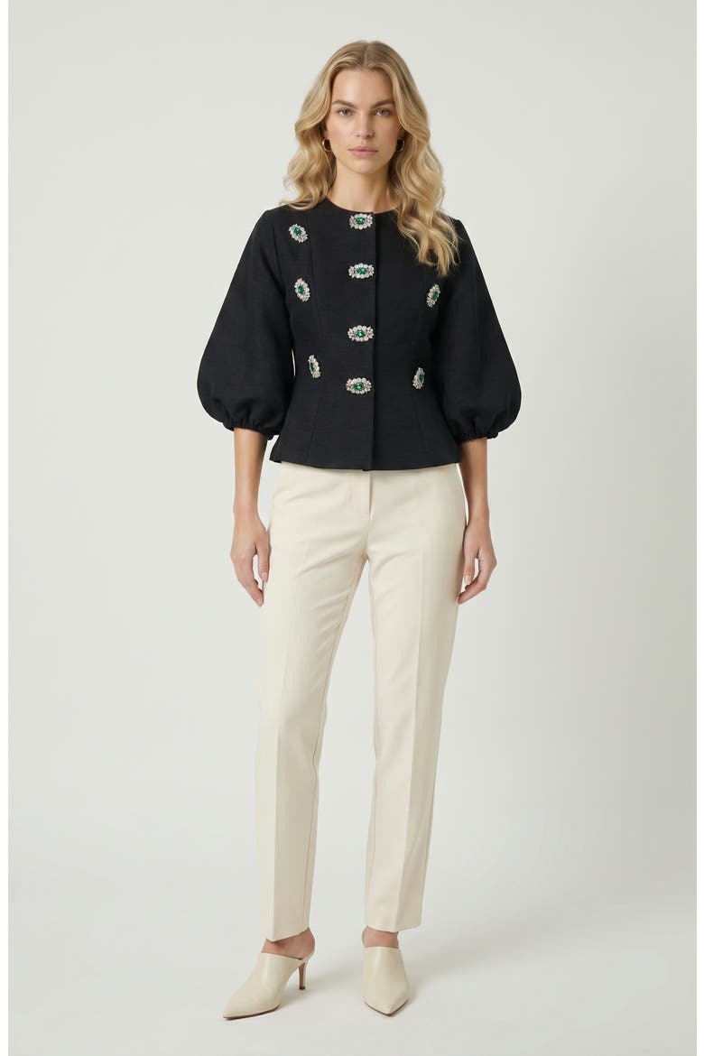 Embellished Puff Sleeve Button Jacket, Alternate, color, Black