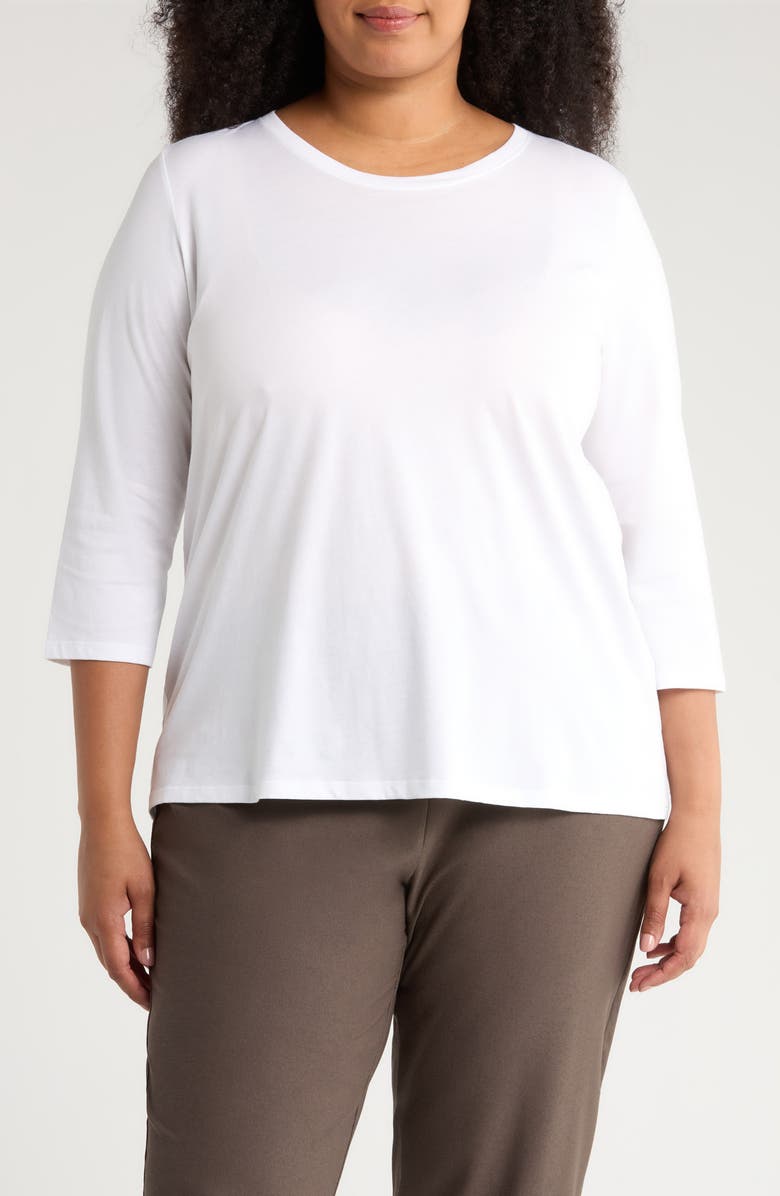 Eileen Fisher Easy Three-Quarter Sleeve Organic Cotton Jersey Top, Main, color, White