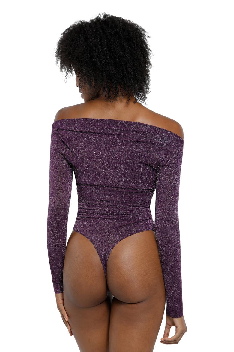 Shapewear Metallic Knit Long Sleeve Slimming Bodysuit, Alternate, color, Dewberry