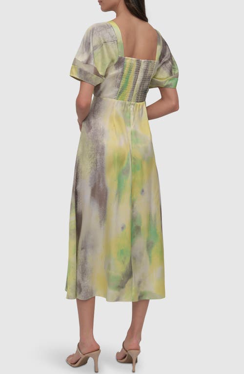 Dkny Ruched Printed Satin Midi Dress In Watercolor Hues