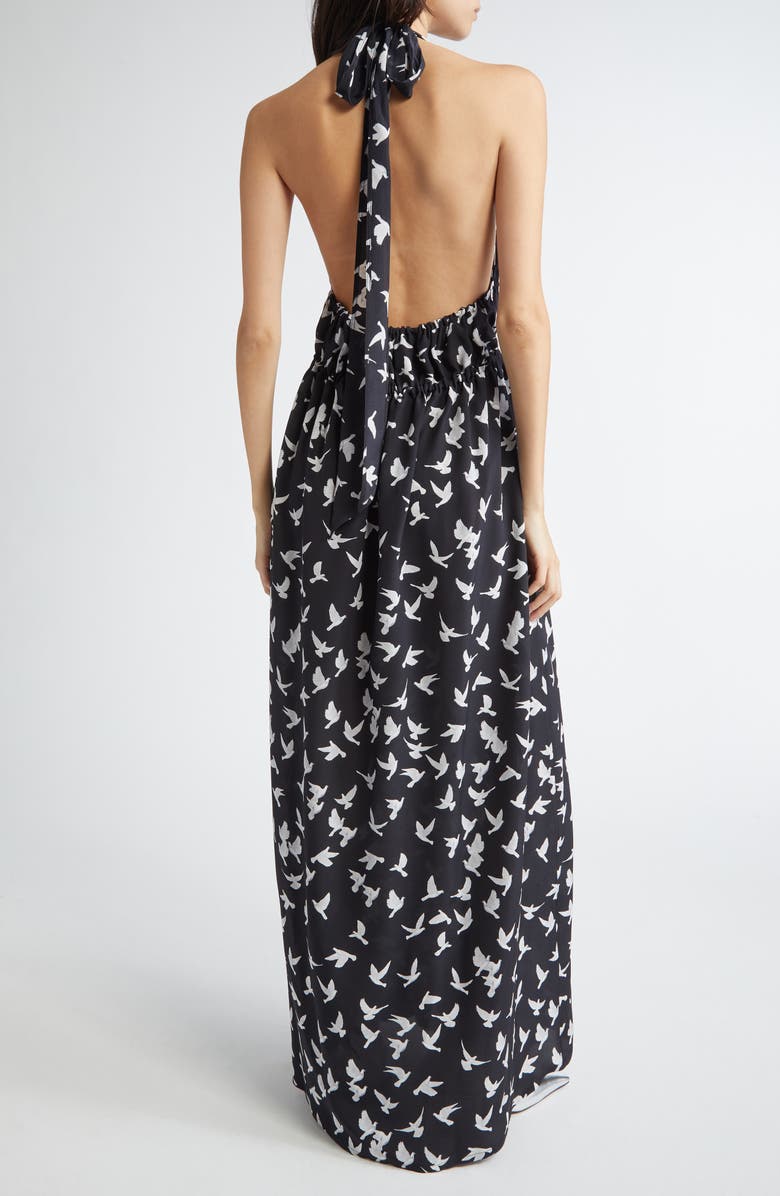 Stella McCartney Mini Birds Halter Neck Silk Crêpe de Chine Maxi Dress, Alternate, color, Black