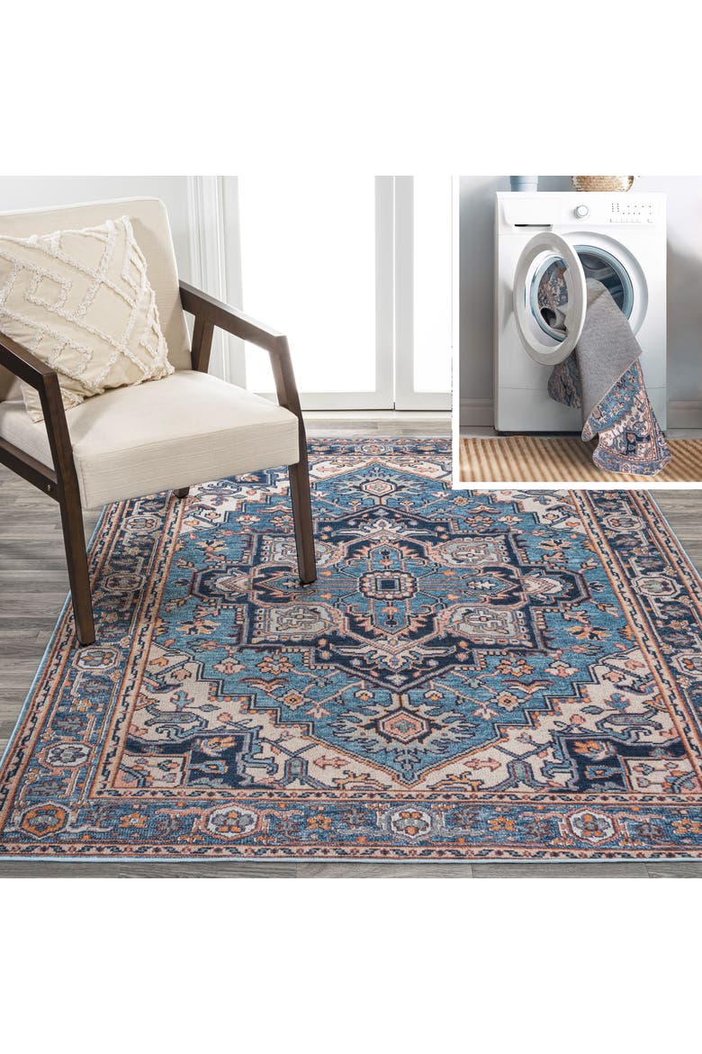 Cirali Ornate Large Medallion Machine-Washable Area Rug, Main, color, Blue/Beige