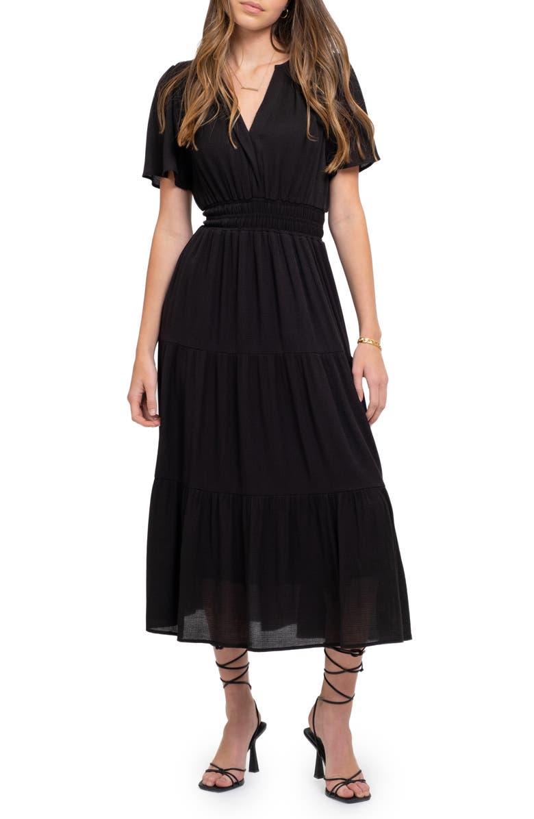 AUGUST SKY Split Neck Tiered Midi Dress, Main, color, 