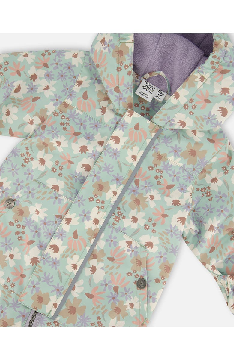Deux par Deux Baby Girl's Baby Printed Mid-Season One-Piece Outerwear With Hat Small White Flowers On Turquoise And Lilac, Alternate, color,