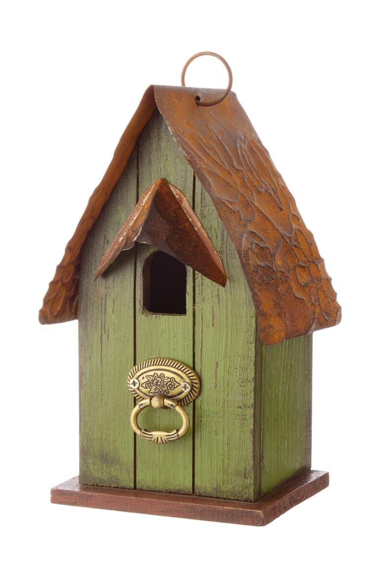 Rustic Garden Distressed Solid Wood Decorative Bird House, Main, color, Rust Green