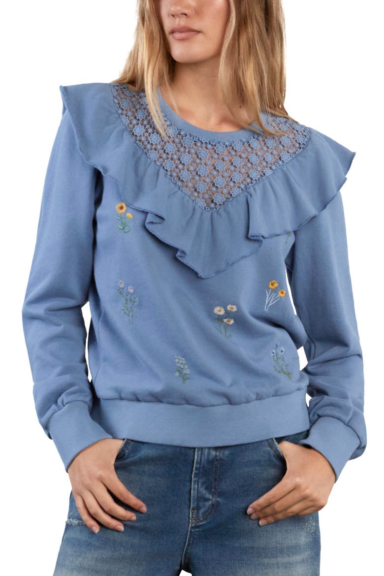 Blossom Embroidered Ruffle Lace Sweatshirt, Main, color, ASHLEIGH BLUE