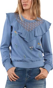 Billy T Blossom Embroidered Ruffle Lace Sweatshirt