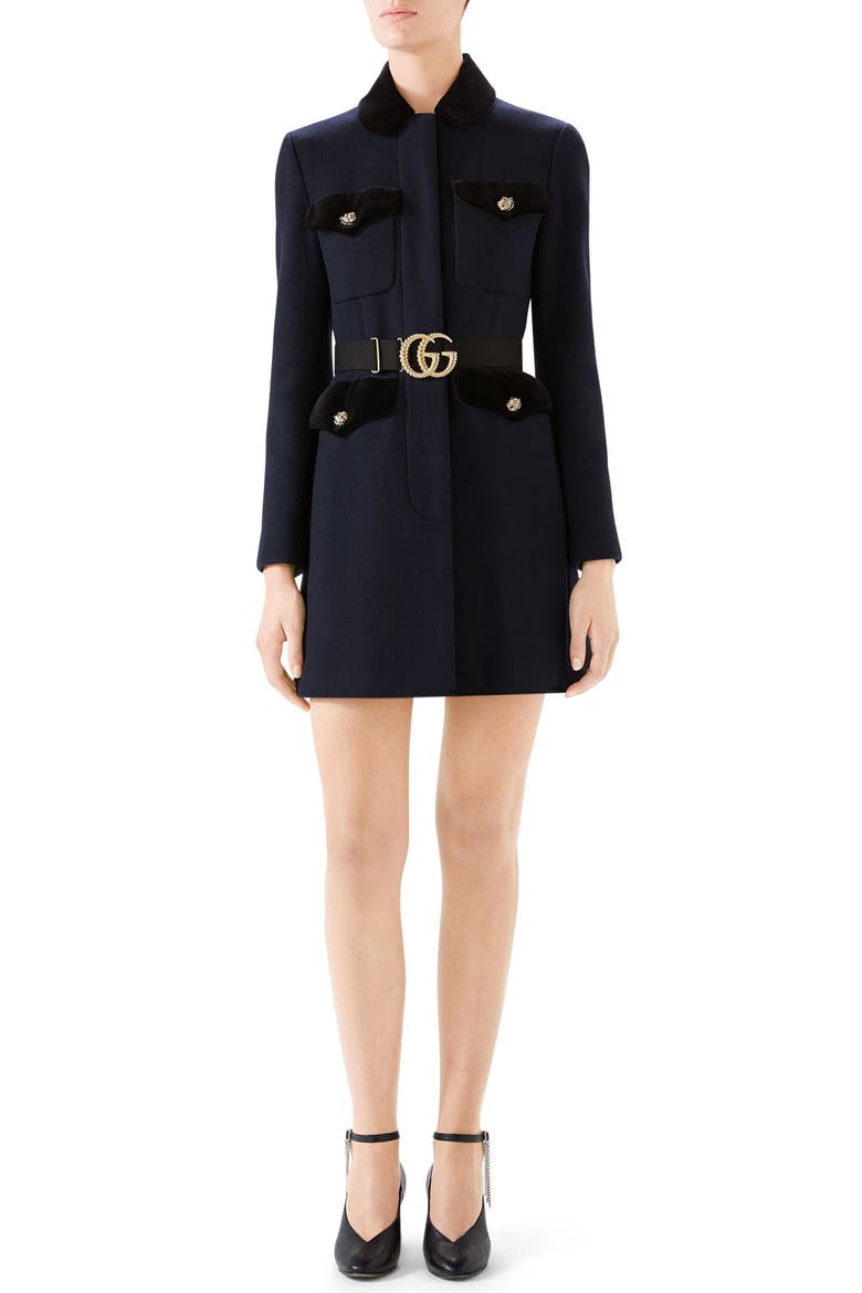 GG Belt Velvet Trim Coat, Main, color, INK