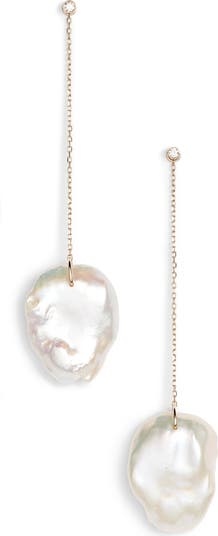 Mizuki Flat Pearl & Diamond Linear Drop Earrings | Nordstrom
