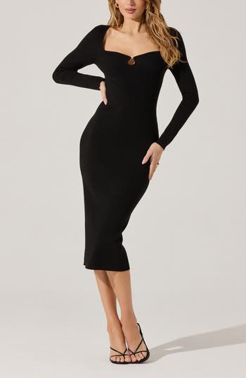 ASTR the Label Faux Pearl Keyhole Long Sleeve Midi Dress 