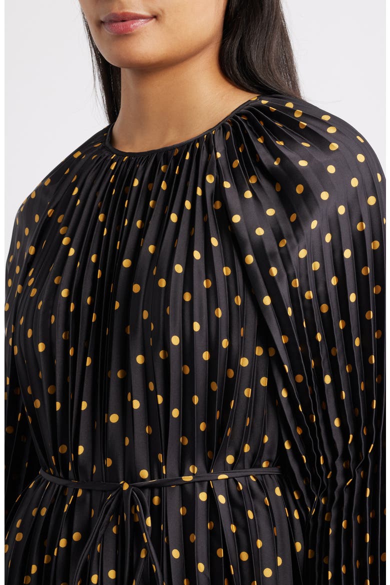 Pleated Metallic Polka Dot Long Sleeve Dress, Alternate, color, BLACK GOLD