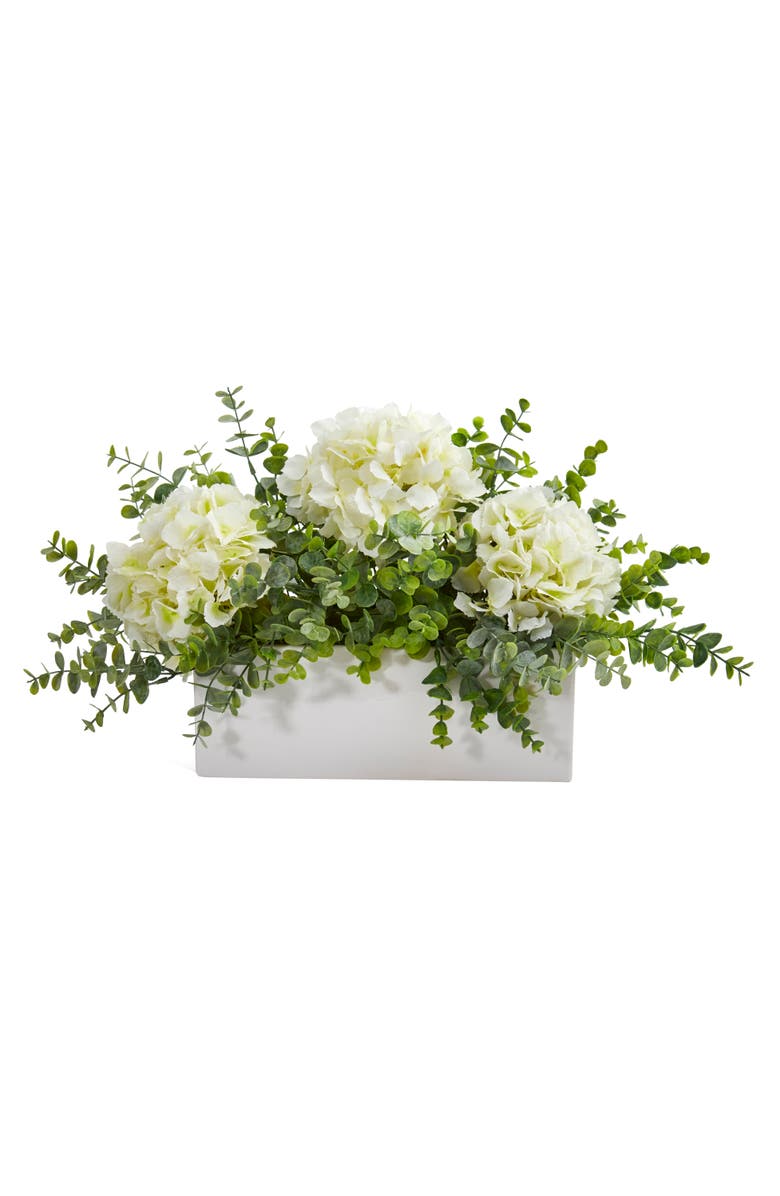 NEARLY NATURAL 15-in Hydrangea and Eucalyptus Artificial Arrangement in White Vase, Main, color, 