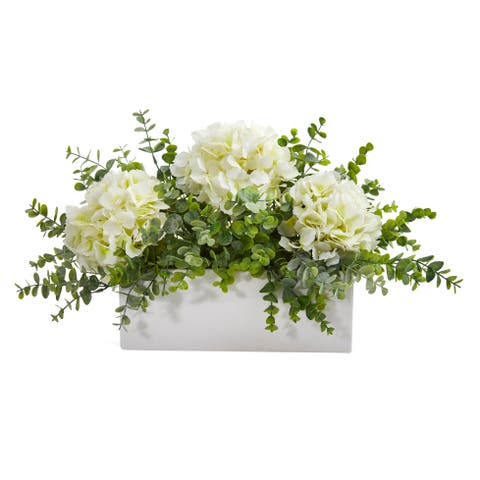 15-in Hydrangea and Eucalyptus Artificial Arrangement in White Vase