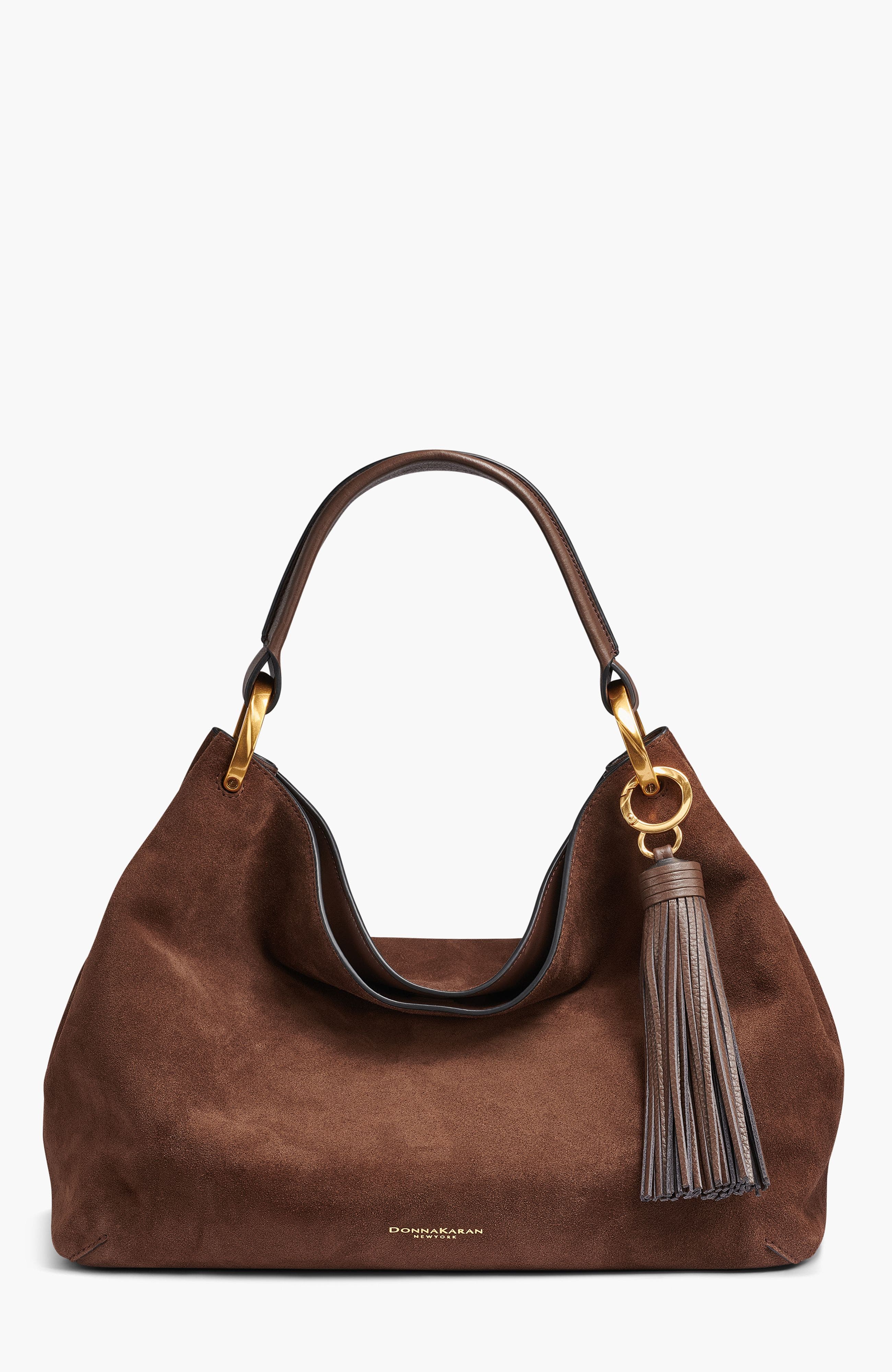 Donna Karan New York Glenwood Suede Shoulder, Main, color, Chocolate