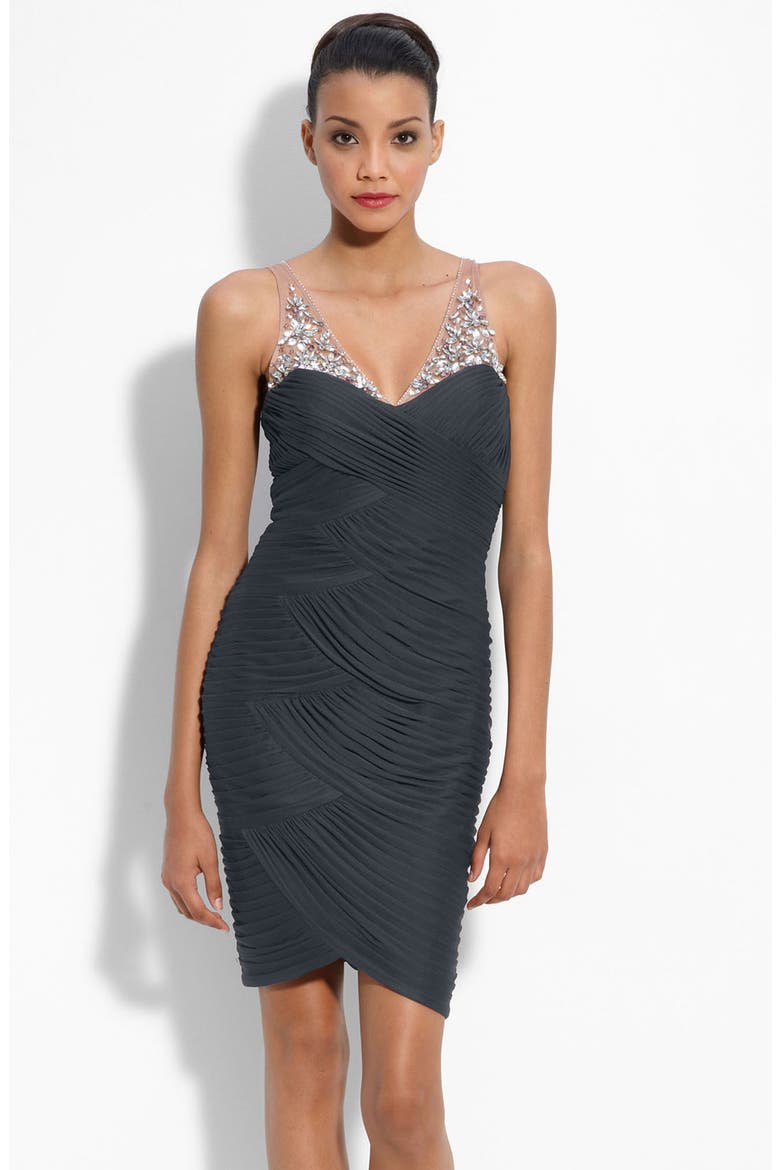 Illusion Bodice Mesh Sheath Dress, Main, color, CHARCOAL
