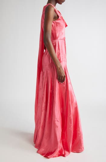 Asymmetric Draped Floral Jacquard Satin Gown