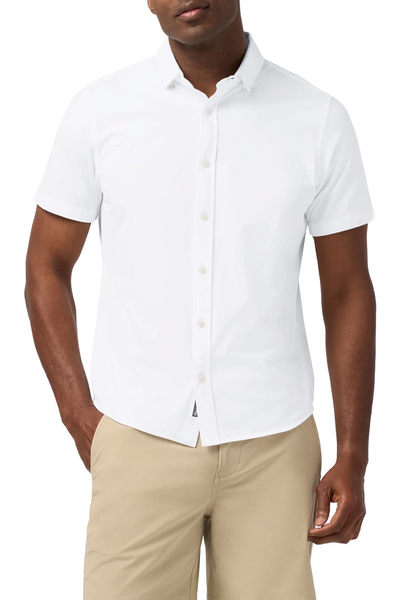 Newport Solid Short Sleeve Knit Cotton Blend Button-Up Shirt, Main, color, WHITE