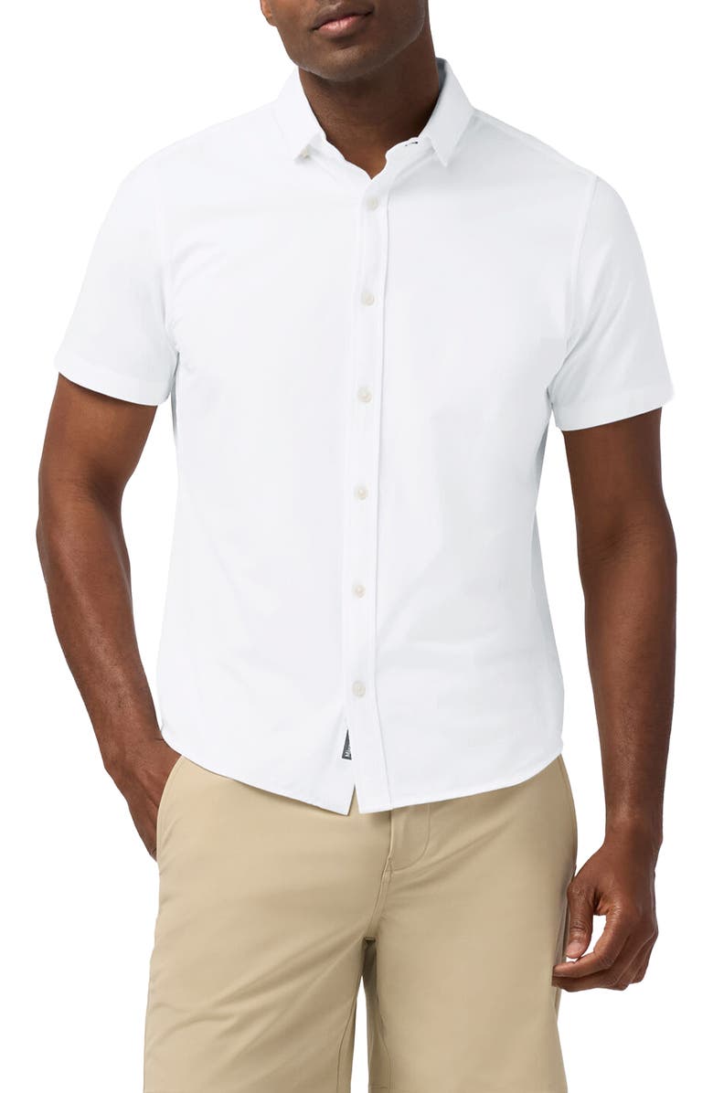 Mizzen+Main Newport Solid Short Sleeve Knit Cotton Blend Button-Up Shirt, Main, color, White