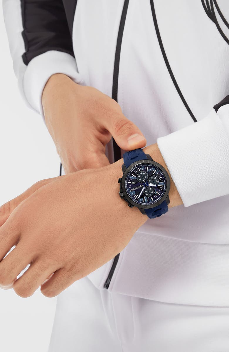 PLEIN SPORT Camo Dial Three-Hand Quartz Silicone Strap Watch, 43mm, Alternate, color, Ip Black