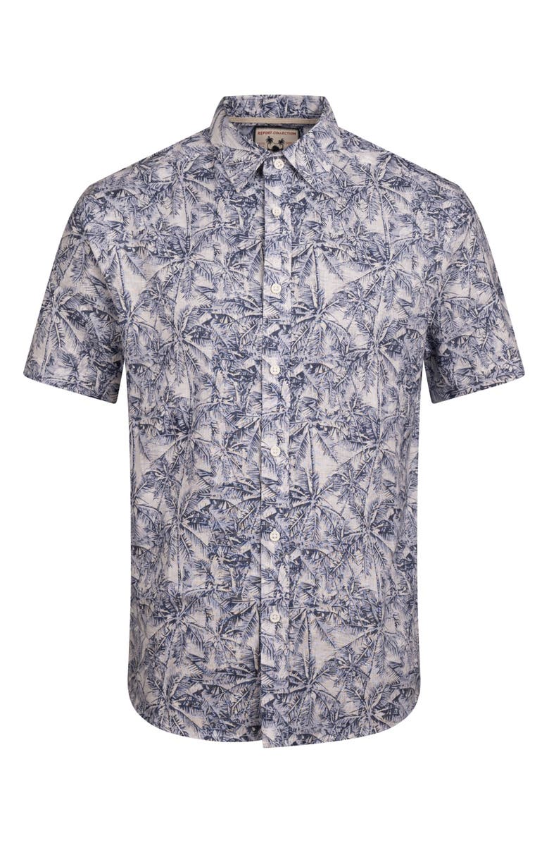 Report Collection Tropical Print Short Sleeve Linen & Cotton Button-Up Shirt, Alternate, color, White