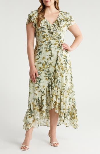 Chelsea28 Foliage Print Ruffle Faux Wrap Dress in Green Ivory Botanica at Nordstrom Size 2x