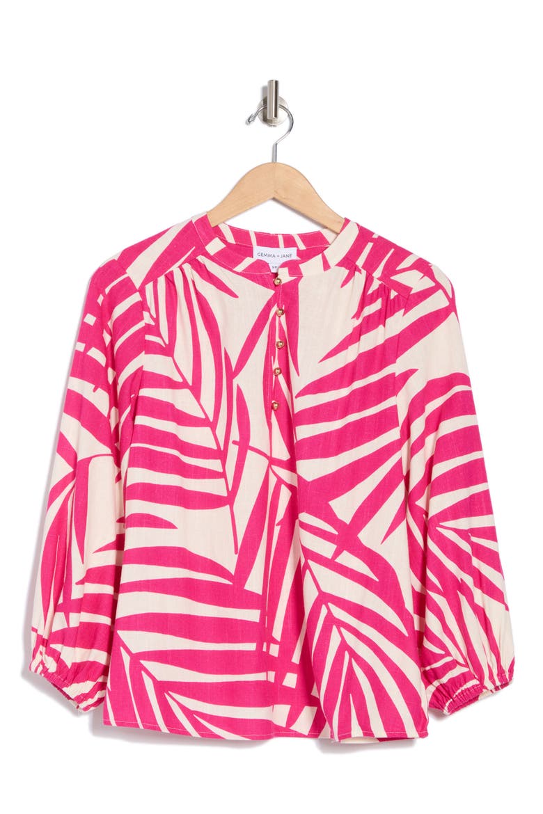 Palm Print Long Sleeve Top, Alternate, color, PINK / WHITE