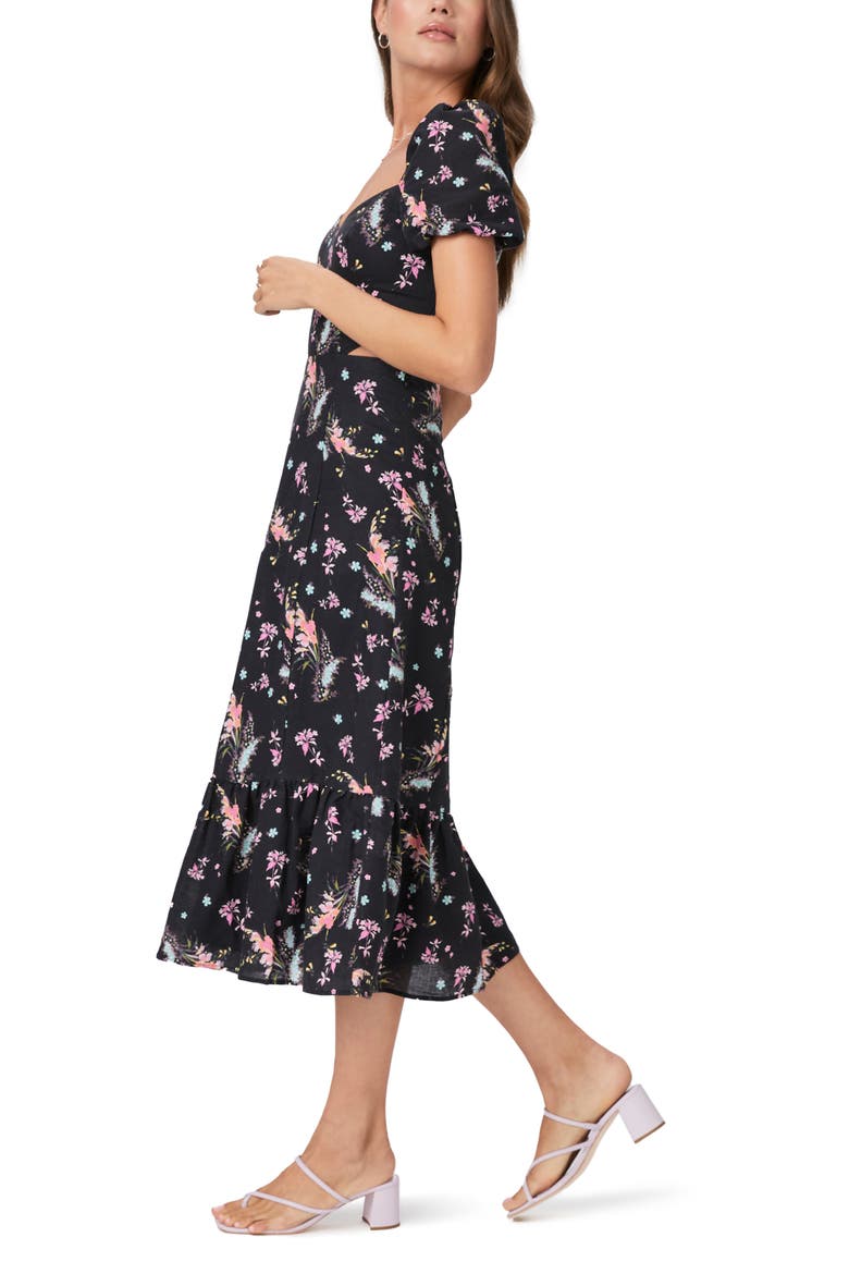 Linh Floral Cutout Puff Sleeve Linen & Cotton Sundress, Alternate, color, BLK MLTI