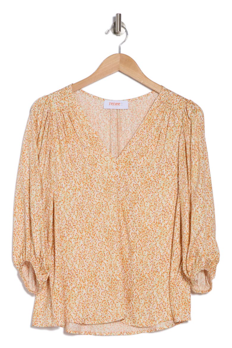 Dot V-Neck Three-Quarter Sleeve Top, Alternate, color, YELLOW