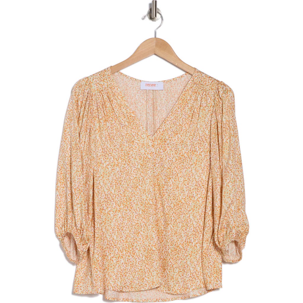 Renee C Dot V-neck Three-quarter Sleeve Top In Yellow