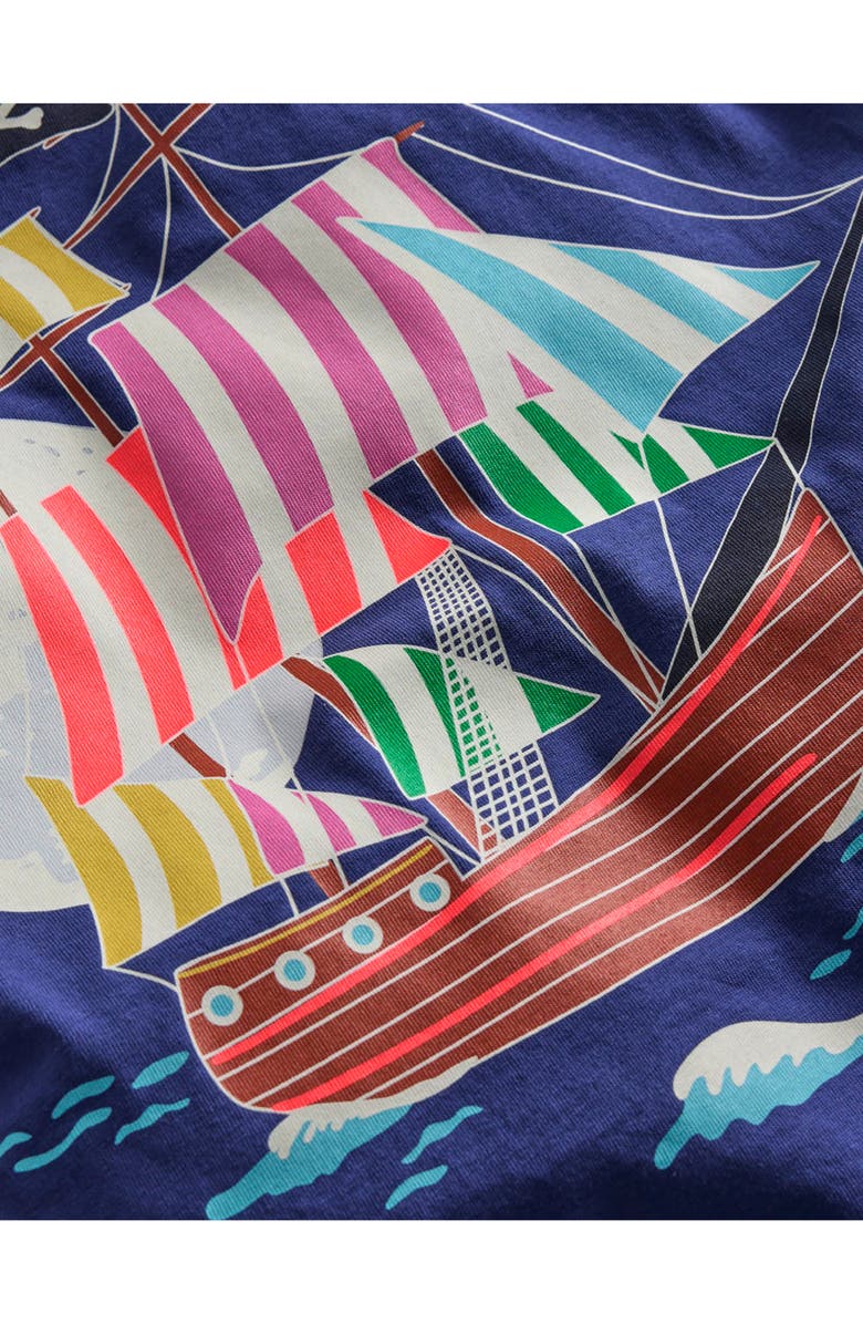 Mini Boden Kids' Glow in the Dark Pirate Graphic T-Shirt, Alternate, color, Starboard Blue Pirate Ship