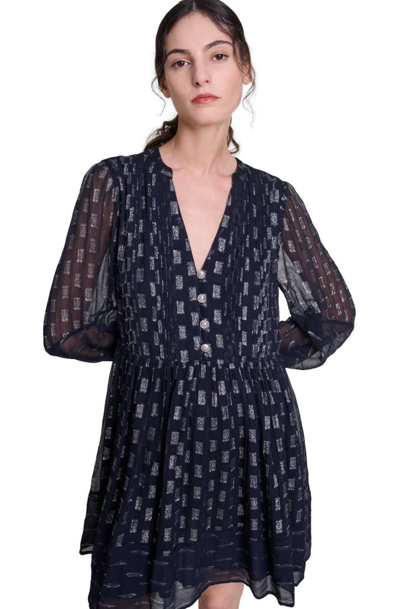 maje Pleated floral motif short dress, Alternate, color, 