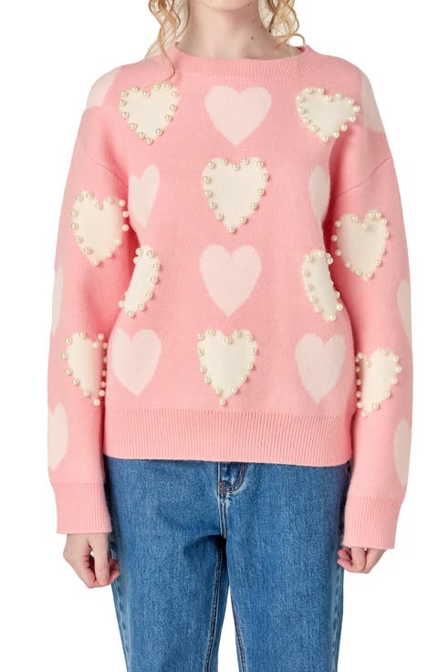 Heart Faux Pearl Embellished Crewneck Sweater