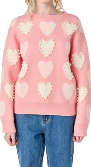 English Factory Heart Faux Pearl Embellished Crewneck Sweater