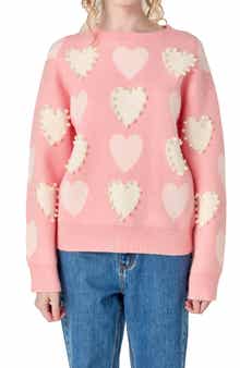 English Factory Heart Faux Pearl Embellished Crewneck Sweater
