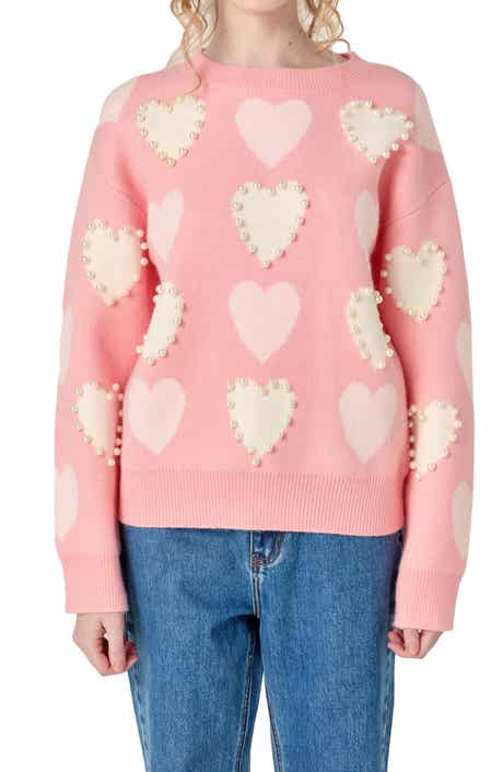 English Factory Heart Faux Pearl Embellished Crewneck Sweater