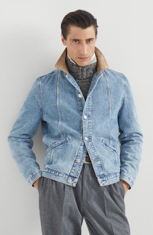 Brunello Cucinelli Slim-fit Suede-trimmed Denim Jacket In Blue